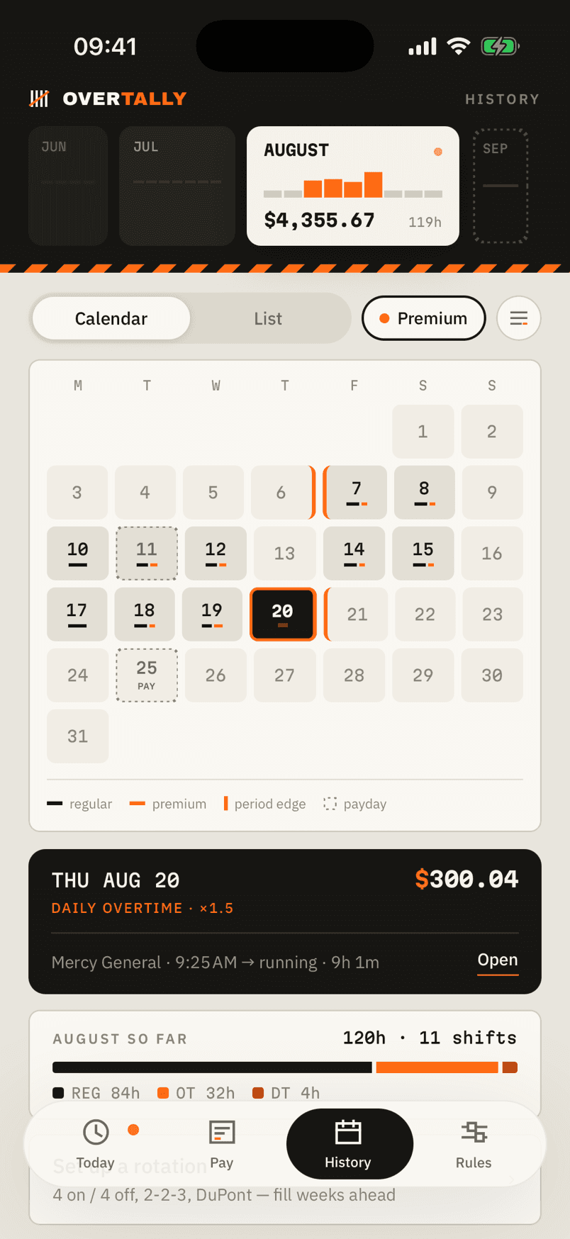 Overtally en iPhone: un calendario de agosto que marca días trabajados y con prima, con $4,355.67 registrados y 84 horas regulares, 32 extra y 4 de tiempo doble